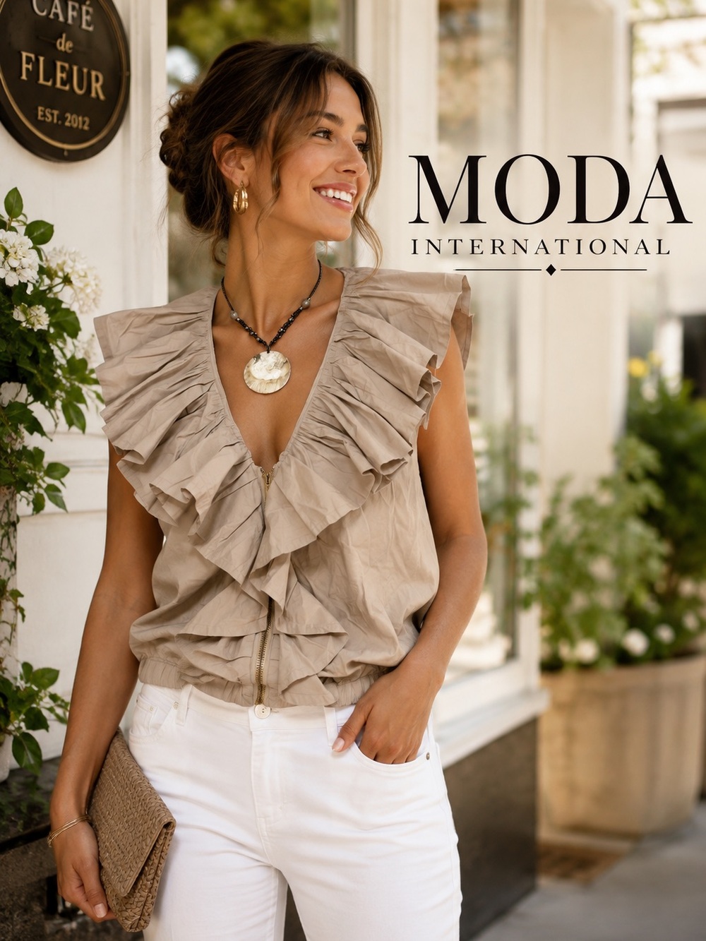 Moda International,Khaki, Zip-Front, Low-V, Thickly Ruffled Top, EUC, Size XS